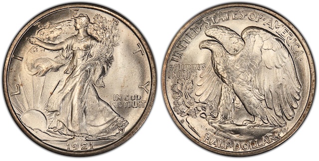 1921-D Walking Liberty half dollar reverse mint mark comparison — genuine D mint mark vs no mint mark