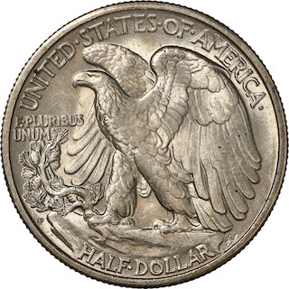 1921-D Walking Liberty half dollar reverse close-up showing D mint mark