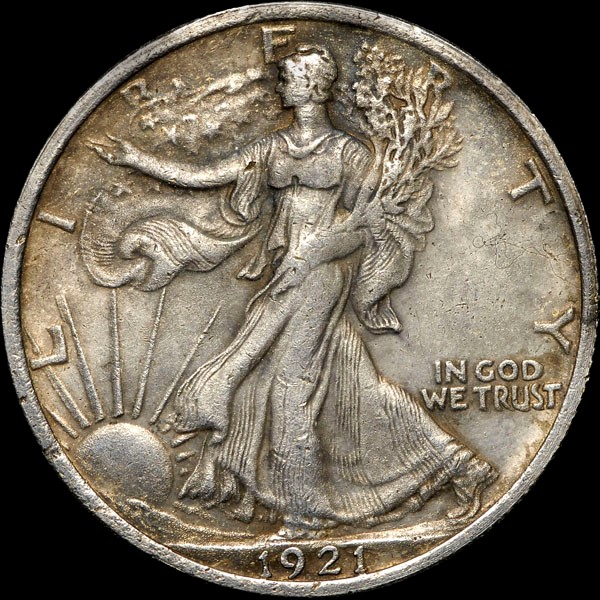1921 Walking Liberty half dollar doubled die obverse showing doubling on the date 1921