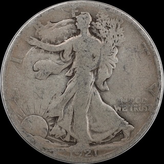 Off-center struck 1921 Walking Liberty half dollar showing partial design and blank unstruck area
