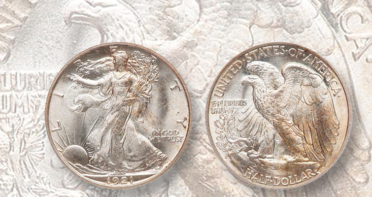1921 Walking Liberty half dollar grading strip showing four condition tiers from worn to uncirculated